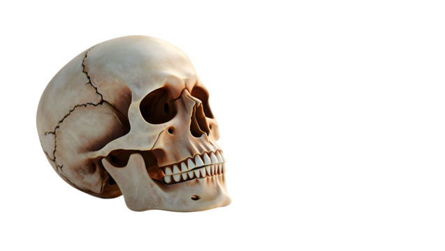 A realistic human skull, isolated on transparent background, viewed from the side with a clear view of its teeth and bone structure, representing mortality, anatomy, or halloween themes
