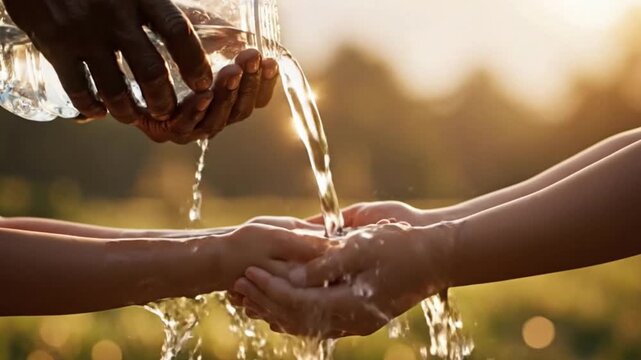 Volunteer Pouring Water into Child&rsquo;s Hands &ndash; Symbol of Hope and Compassion