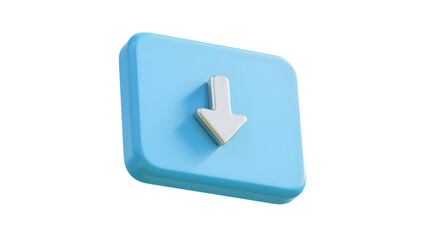 A 3d render of a blue button with a white down arrow icon, isolated on transparent background