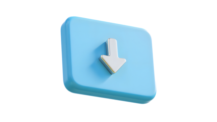 A 3d render of a blue button with a white down arrow icon, isolated on transparent background