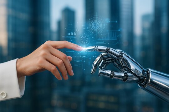 Human hand gently touches robotic hand with glowing digital interface, futuristic style, cityscape background. Concept of human-AI collaboration. Ai generative