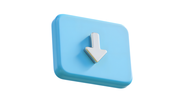 A 3d render of a blue button with a white down arrow icon, isolated on transparent background