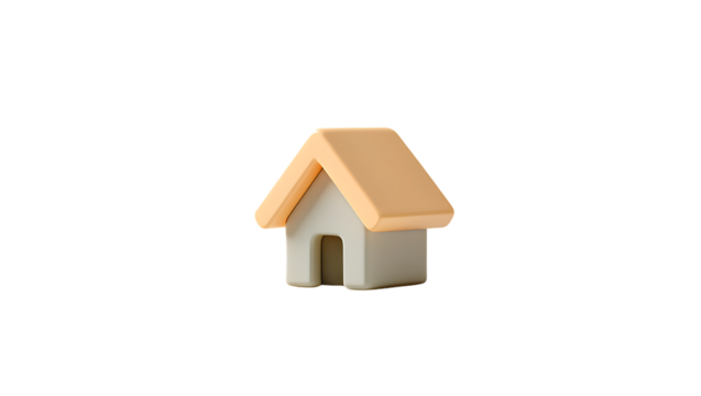 A small, minimalist 3d model of a house with a beige roof and gray walls, isolated on transparent background - Powered by Adobe