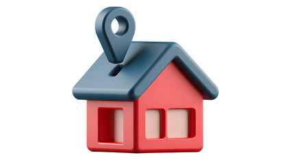 A red 3d house icon with a dark blue location pin on its roof, isolated on transparent background