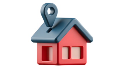 A red 3d house icon with a dark blue location pin on its roof, isolated on transparent background