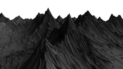 A dramatic, dark, and textured 3d landscape of sharp, jagged mountain peaks under a white sky isolated on transparent background
