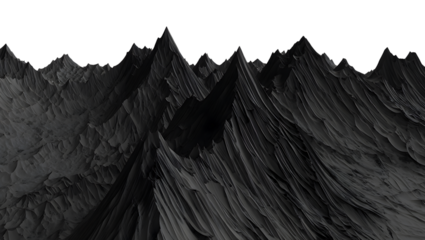 A dramatic, dark, and textured 3d landscape of sharp, jagged mountain peaks under a white sky isolated on transparent background