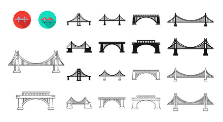 Fototapeta premium Diverse collection of bridge icons presented in flat, silhouette, and line art styles, showcasing various infrastructure symbols. This set includes suspension bridges, arch bridges, and beam bridges