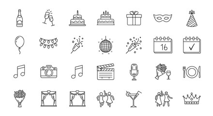 Minimalist line icon set for event planning and parties, featuring champagne, cakes, gifts, balloons, disco ball, camera, microphone, and festive decorations, perfect for invitations, websites, and