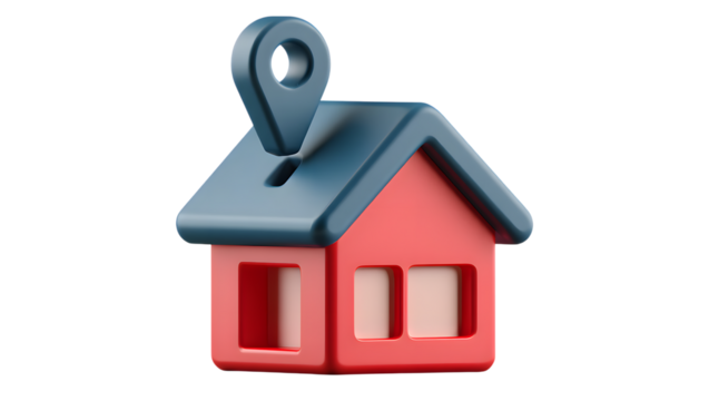 A red 3d house icon with a dark blue location pin on its roof, isolated on transparent background