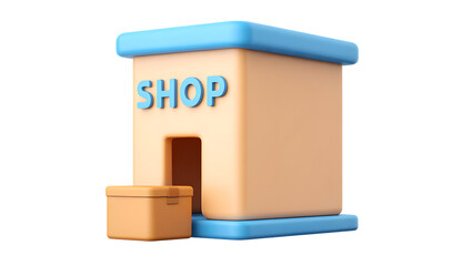 A 3d illustration of a cartoon shop with the word shop on the front, isolated on transparent background