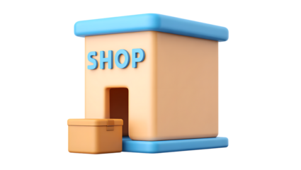 A 3d illustration of a cartoon shop with the word shop on the front, isolated on transparent background