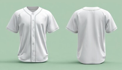 Plain white baseball jersey with short sleeves and button-up front on green