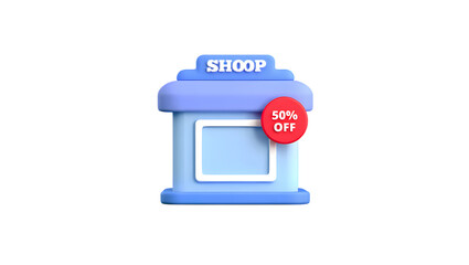 A cute 3d illustration of a small blue shop with a sign that says shoop and a red circle with 50 off indicating a sale, isolated on transparent background