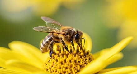 A closeup shot of a bee collecting pollen from a vibrant yellow flower in a garden on a sunny day, macro photography