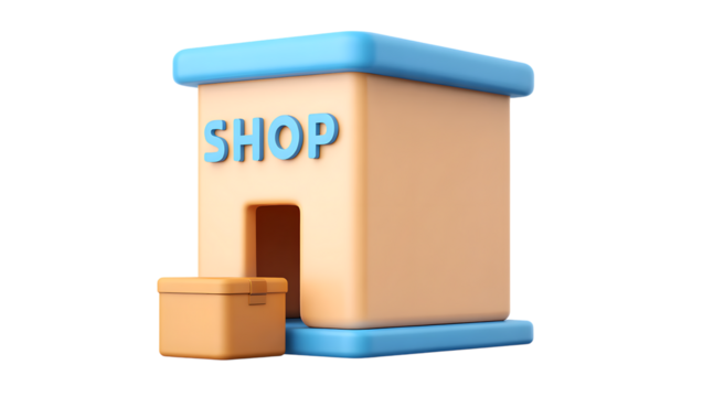 A 3d illustration of a cartoon shop with the word shop on the front, isolated on transparent background