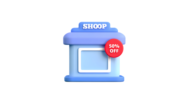 A cute 3d illustration of a small blue shop with a sign that says shoop and a red circle with 50 off indicating a sale, isolated on transparent background