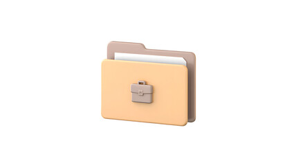 A 3d render of an open folder with documents inside and a small briefcase icon on the front, symbolizing business or work, isolated on a transparent background