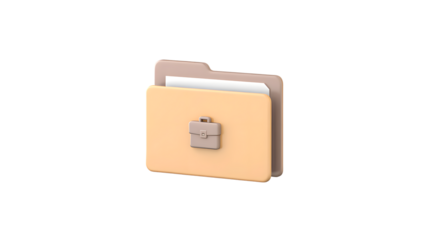 A 3d render of an open folder with documents inside and a small briefcase icon on the front, symbolizing business or work, isolated on a transparent background