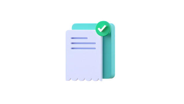 A 3d render of a document with a green checkmark, symbolizing completion or approval, isolated on a transparent background