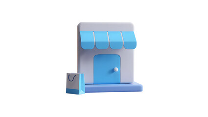 A 3d render of a small shop with a shopping bag isolated on transparent background