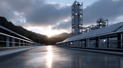Futuristic clean energy plant featuring glowing solar panels, spinning wind turbines, robotic maintenance drones, reflective metallic and glass surfaces illuminated by sunset, and ultra-realistic sust
