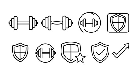 Collection of line art icons featuring dumbbells and shields, perfect for fitness apps, sports interfaces, security systems, and promotional materials. This vector graphic set includes various