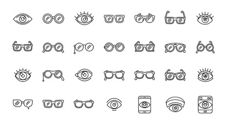 Collection of outline icons representing eyes and various types of glasses, including spectacles, reading glasses, and monocles, suitable for graphic design, web applications, and advertising