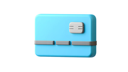 A simple, modern, light blue credit card with a chip and magnetic stripe, isolated on a transparent background, representing financial transactions and digital payments
