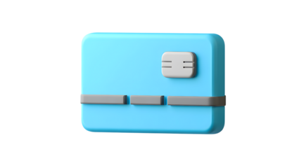 A simple, modern, light blue credit card with a chip and magnetic stripe, isolated on a transparent background, representing financial transactions and digital payments