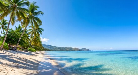 Idyllic white sand beach in Lombok, tropical paradise with clear sky for text overlay.