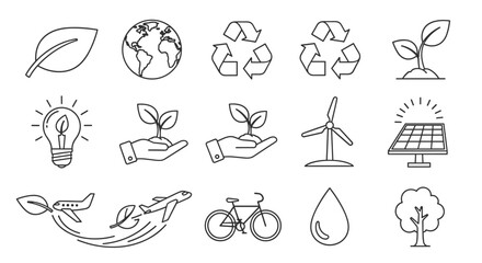 Eco-friendly line icon pack featuring a leaf, planet Earth, recycling symbols, seedling, lightbulb, hand holding plant, wind turbine, solar panel, airplane with leaves, bicycle, water drop, and tree