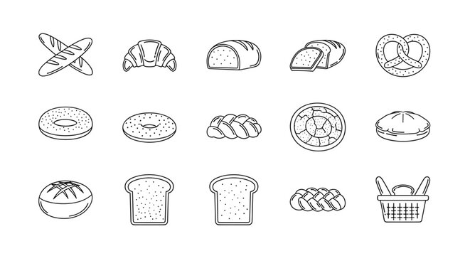 A minimalist collection of line icons depicting various types of bread and baked goods, including baguettes, croissants, loaves, bagels, pretzels, pies, and a bread basket, perfect for web, graphic