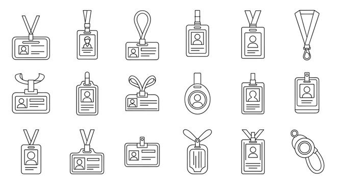 Collection of editable stroke outline illustrations of employee ID badges, perfect for infographics, articles, books, flyers, banners, and vector cartoon designs, showcasing various lanyard and badge