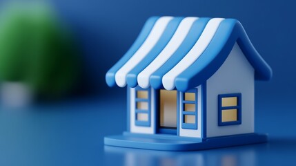 Simple icon of a storefront with a digital sign representing virtual shops and online marketplaces rendered in navy blue clean lines