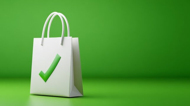 Simple icon of a shopping bag with checkmark symbolizing confirmed orders and customer satisfaction rendered in green clean lines