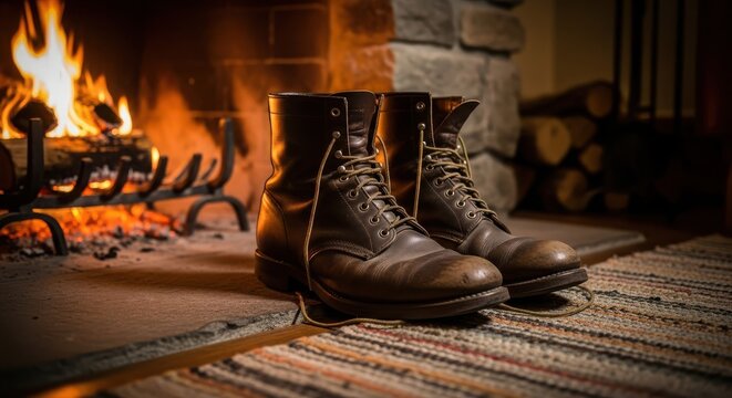Pair of worn leather boots sitting by a warm fireplace, creating a cozy and inviting scene for use as a background or design element - Powered by Adobe