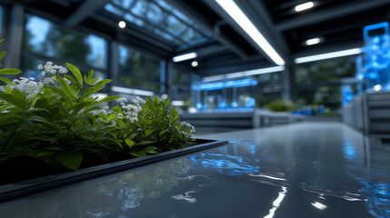 Fototapeta premium Cinematic high-tech biotech lab featuring radiant bioluminescent flora, luminous experimental liquids, autonomous robotic helpers, soft neon reflections, and detailed glass, water, and plant textures