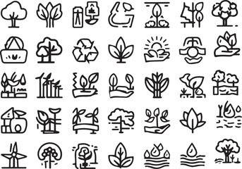 Nature and Environment Line Icons Set | Ecology, Renewable Energy, and Sustainability Vector Symbols