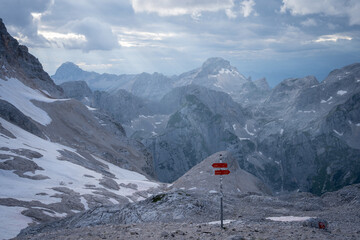 Beautiful alpine scenery with mountains and ridgelines during sunset,Triglav National Park, Slovenia