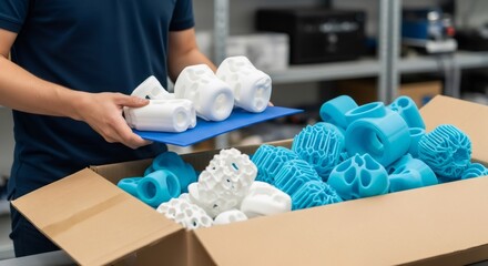 Man holding newly printed medical models from a bioprinter. Modern bioengineering with advanced 3D printing technology for medical innovation.