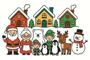 Whimsical Christmas Characters and Snowy Village Celebration