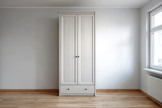 Tall white wooden storage cabinet stands centered in a minimalist room with light wood flooring