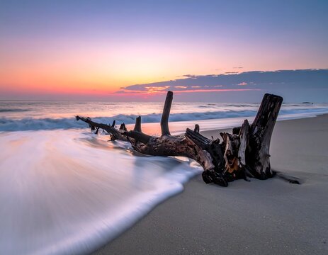 A serene coastal landscape featuring a weathered tree trunk on a sandy beach, waves gently caressing the shore as the sun sets