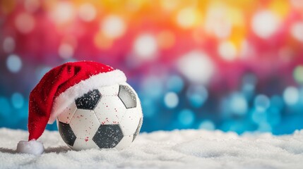Soccer ball with Santa hat on snow against colorful festive bokeh background