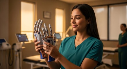 Woman doctor holding a bioprinted prosthetic hand in a modern medical setting. Innovative medical technology for future prosthetics.