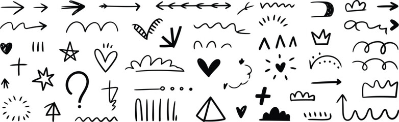 Fototapeta premium Collection of Doodle Elements Including Arrows, Hearts, Stars, and Other Hand Drawn Shapes
