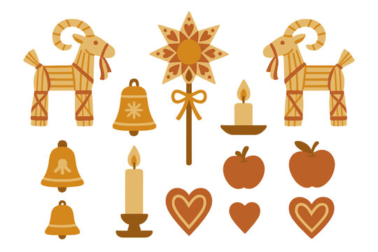 Traditional Scandinavian Christmas symbols set including straw goats, bells, candles, and hearts