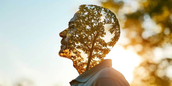 Double exposure silhouette of a person running merged with a seated meditation figure conveying balance and serenity