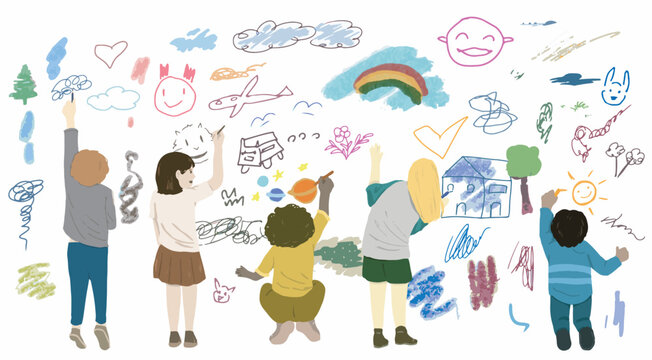 Kids drawing on wall. Vector illustration of kids drawing on wall. Happy world children day. People of color